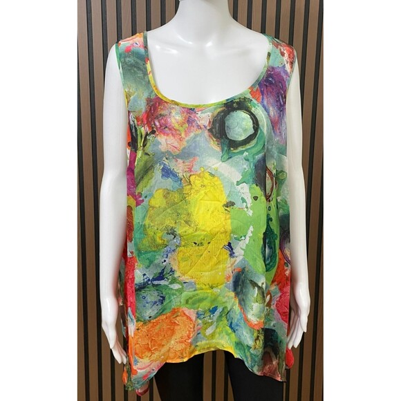 Lane Bryant Women's 14 Green Tank Polyester Tunic Hi-Low Hem Abstract Artsy Boho - Picture 1 of 9